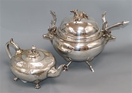 A Hukin and Heath plated deer tureen and a plated teapot tureen height 29cm